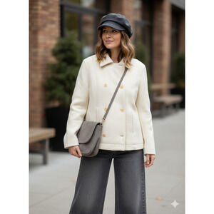 VTG Jones New York Pea Coat wool Texture Cream DoubleBreasted Career Classic,M/L